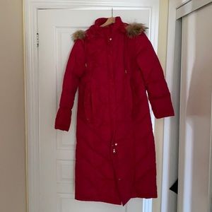 Red extra long puffer jacket